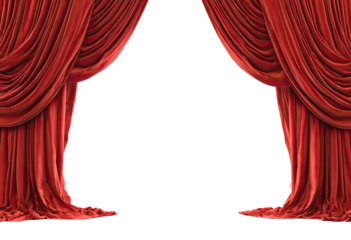 Elegant red velvet stage curtains parted to reveal a dark void