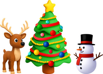 3D Christmas tree, snowman and reindeer