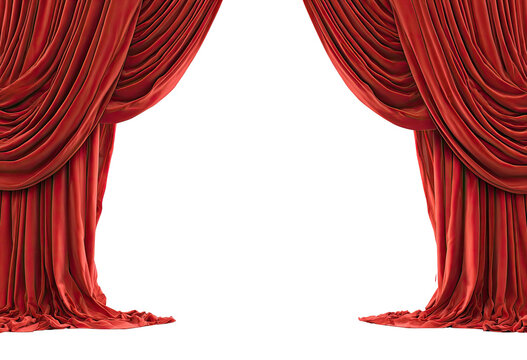 Elegant red velvet stage curtains parted to reveal a dark void