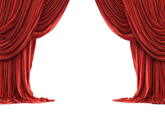 Elegant red velvet stage curtains parted to reveal a dark void