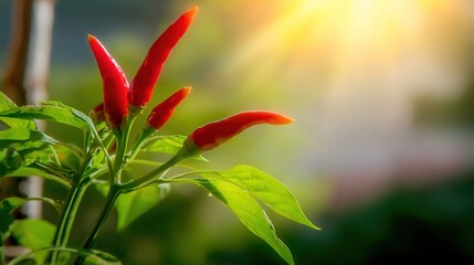 shallow. Close-up view of red chili peppers among green leaves in natural light. gardening catalogs, home-decor guides, designed for gardening and botanical catalogs, used by photographers.