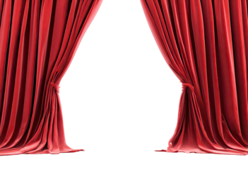 Opulent red theater curtains parted to reveal a dark void