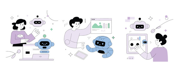 People interacting with robots and technology illustrations