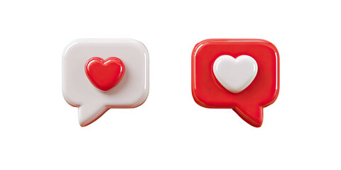 Two 3D speech bubbles with hearts inside, on black