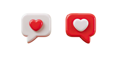 Two 3D speech bubbles with hearts inside, on black