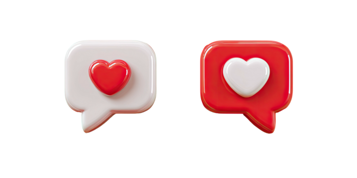 Two 3D speech bubbles with hearts inside, on black
