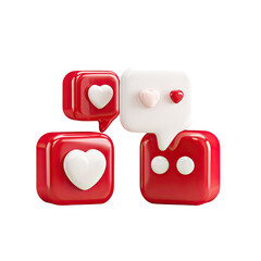 3D cartoon hearts and speech bubbles symbolizing communication