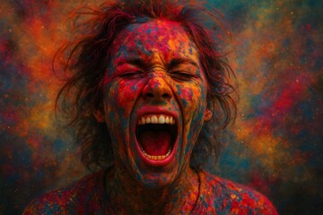 Holi festival portrait with wild emotional expression emotional Holi festival wild expression celebration vibrant color explosion and joyful human energy Indian Holi celebration of freedom and color