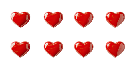 Eight glossy red hearts arranged in two rows on a black background