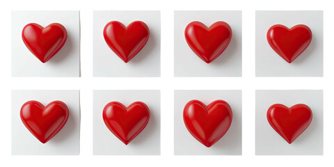 Eight shiny red hearts arranged in a grid