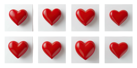 Eight shiny red hearts arranged in a grid