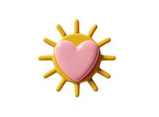 A bright yellow sun shape with a pink heart in the center