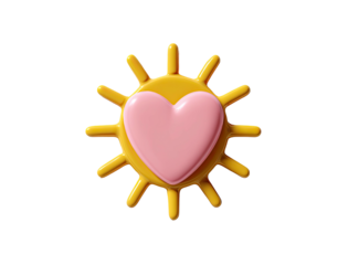 A bright yellow sun shape with a pink heart in the center