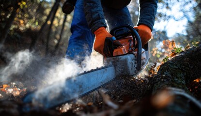 Close-up of a person using a chainsaw to cut a fallen tree outdoors during daytime