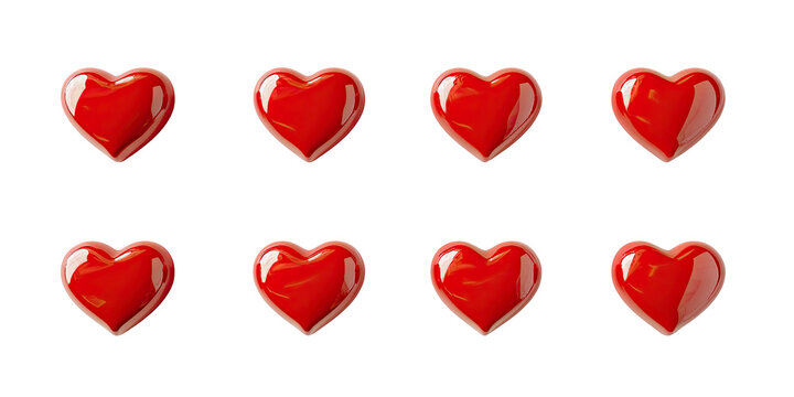 Eight glossy red hearts arranged in two rows on a black background