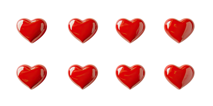 Eight glossy red hearts arranged in two rows on a black background
