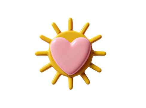 A bright yellow sun shape with a pink heart in the center