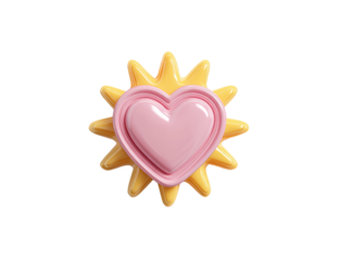 A yellow sunburst shape with a pink heart in the center