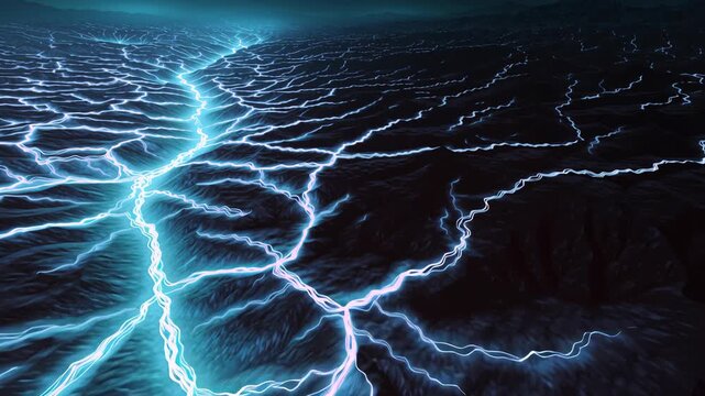 Electric blue glow of light beams shaped like veins spreads across dark landscape, creating mesmerizing visual effect that evokes wonder and mystery in viewer