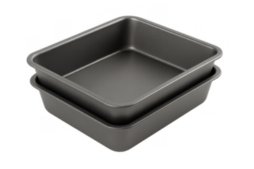 Two black metal non-stick baking pans, kitchen bakeware for cooking and baking food preparation, transparent background