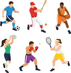 Vector illustration set of diverse athletes in action soccer baseball basketball volleyball boxing tennis.