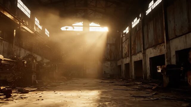 Dusty industrial hall with dramatic shafts of light - atmospheric interior for titles trailers presentations and gritty headers