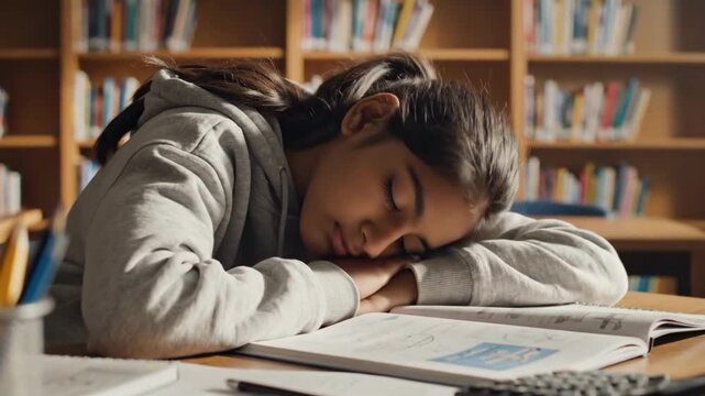 A tired schoolgirl, a student, sleeping at a table with textbooks, pencils, and a calculator in a library, with a bookshelf in the background.
