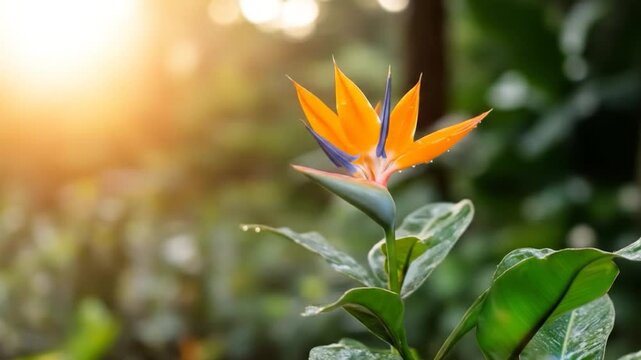 Vibrant tropical flower bloom with sun flare bird of paradise plant close up in lush green garden foliage illuminated by golden light
