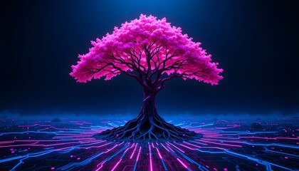 neon cyberpunk glowing cherry blossom tree with digital circuit board