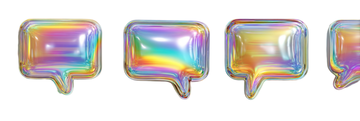 Four holographic speech bubble icons with iridescent reflections