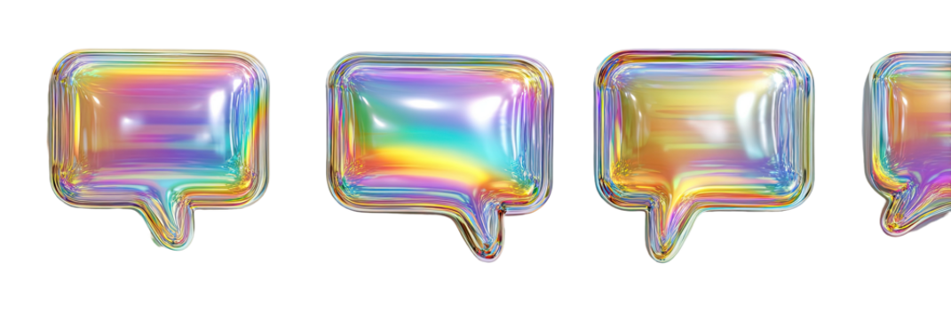 Four holographic speech bubble icons with iridescent reflections