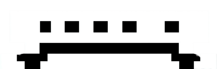 Abstract representation of a simple, stylized train car with windows