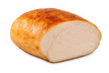 Roasted chicken breast fillet showing golden skin and white meat cut in half, delicious healthy protein ingredient with transparent background