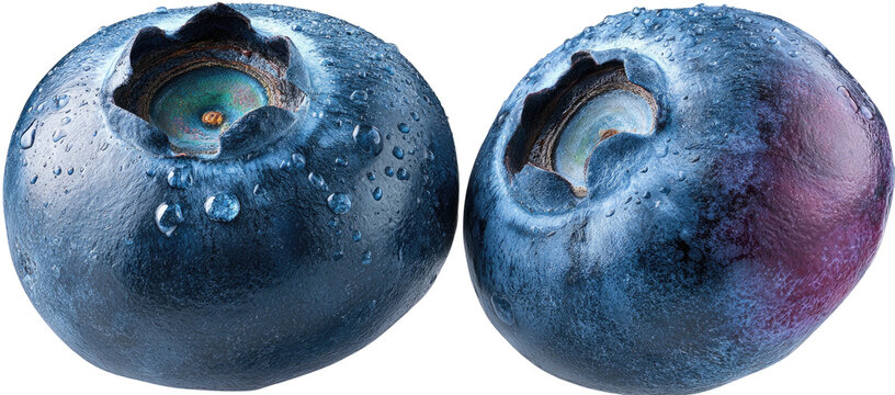 Two fresh blueberries with water droplets close-up