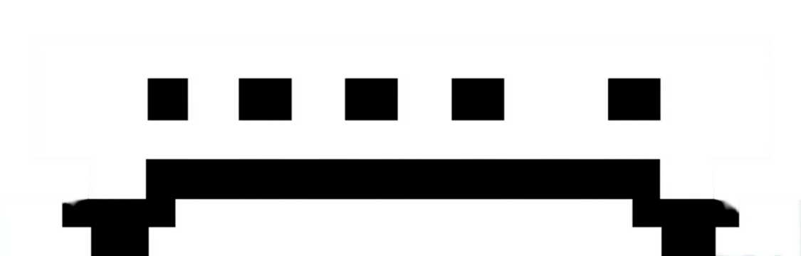 Abstract representation of a simple, stylized train car with windows