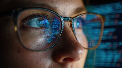 Close-up of a person's face wearing glasses with digital data reflections in the lenses
