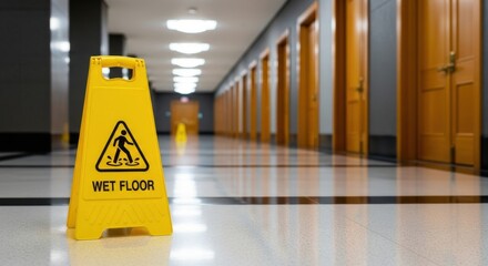 Caution wet floor sign in hallway warning of slippery surface