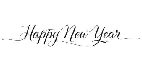 Elegant “Happy New Year” calligraphy text with graceful swirls and cursive style, perfect for holiday greetings, celebration cards, and festive designs on a white background.