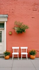 Two White Wooden Chairs Placed Outdoors Against A Vibrant Coral Brick Wall With Greenery And Flowers