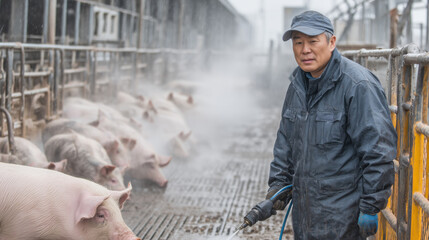 Asian man cleaning pig farm floor with high pressure washer, pigs in pens, detailed, high definition, outdoor, hardworking