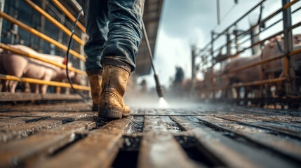 Asian man cleaning pig farm floor with high pressure washer, pigs in pens, detailed, high definition, wet, hardworking, agriculture