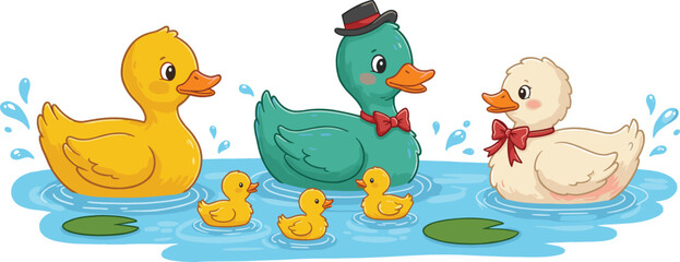 Cartoon duck family in pond, cute ducklings and adult ducks with accessories, cheerful water scene vector for kids and educational content