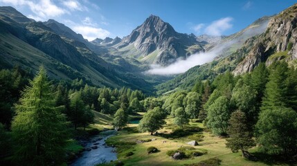 Vast Alpine Valley with Towering Jagged Mountains Majestic Peaks Lush Green Forest and Winding Stream Under a Bright Blue Sky with Wispy Clouds