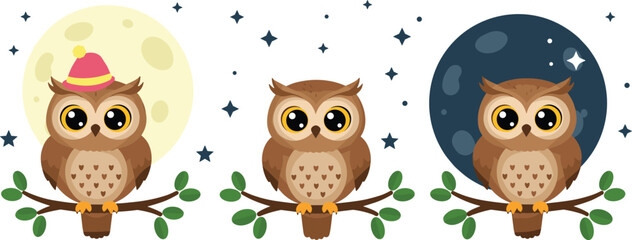 Cartoon owl trio on branches with moon and stars, whimsical night-themed vector illustration for seasonal, educational, and decorative content