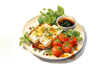 breakfast plate with cheese, toast, soy sauce, vegetables, and tomatoes vector illustration on white isolated background for healthy food and morning meal concept