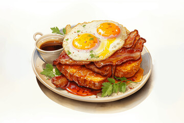 breakfast with toast, fried eggs, bacon, vegetables, and coffee on a plate for morning food and restaurant concept