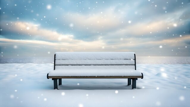 Snow covered bench in winter landscape with falling snowflakes - Powered by Adobe