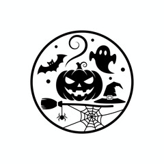 Halloween Black Glyph Icon Set with Jack-o'-Lantern, Witch Hat, Bat, Ghost, and Spider.