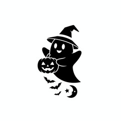 Black and White Halloween Icon Set in Circle. Vector Graphic of Jack-o'-Lantern, Bat, Ghost, Witch Hat, and Spiderweb Design Element.