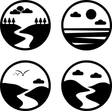Minimalist Black and White Circular Nature Landscape Glyph Icons Set Featuring River, Lake, Sun, and Mountains in Bold Silhouette Style